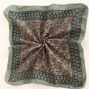 Hand Block Printed Organic Cotton Bandana: Red & Green Floral Scarf