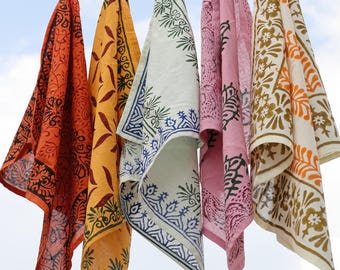 Set of 5 Hand Block Print Cotton Bandanas  Boho Floral Bandana Scarves | Multicolor Head Scarf Set | Handmade Neck & Hair Wraps
