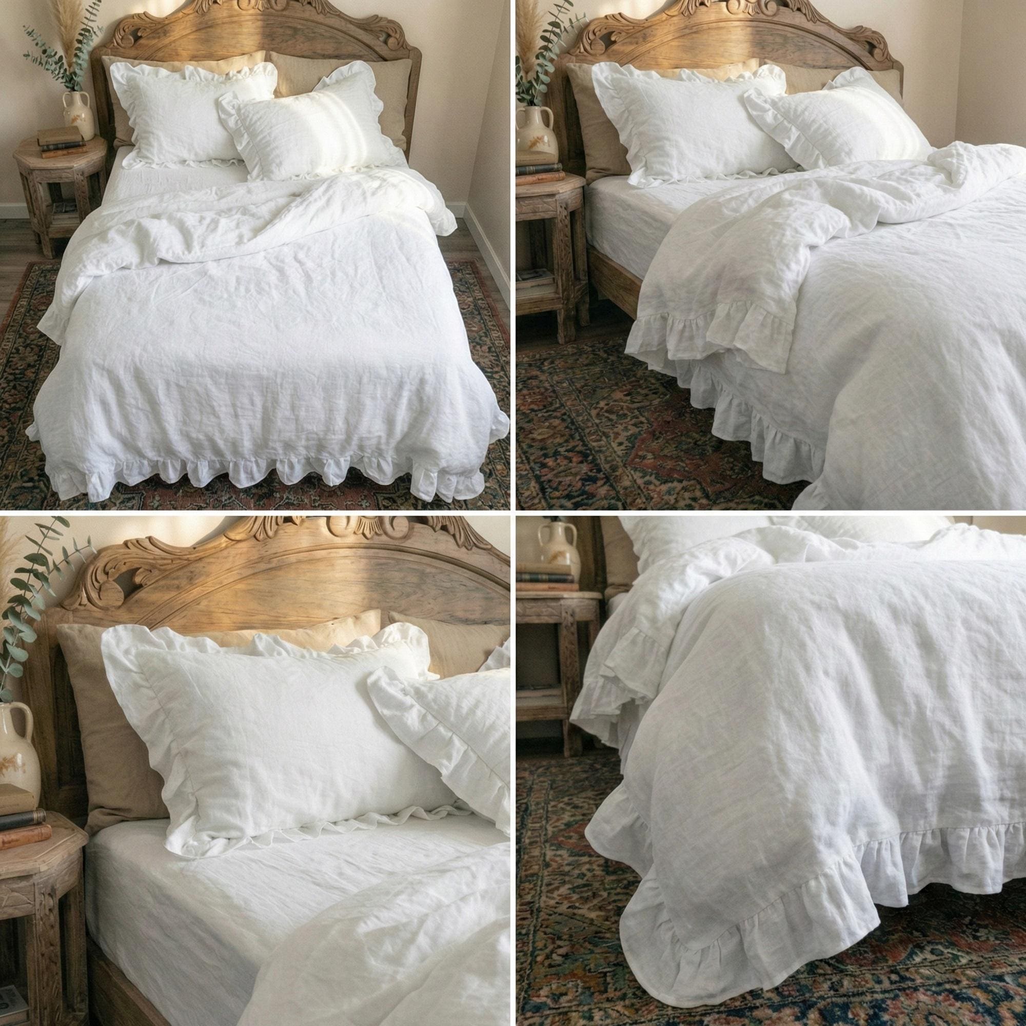 Full White Ruffled Linen Duvet Cover Set Ruffles Comforter Cover Donna ...