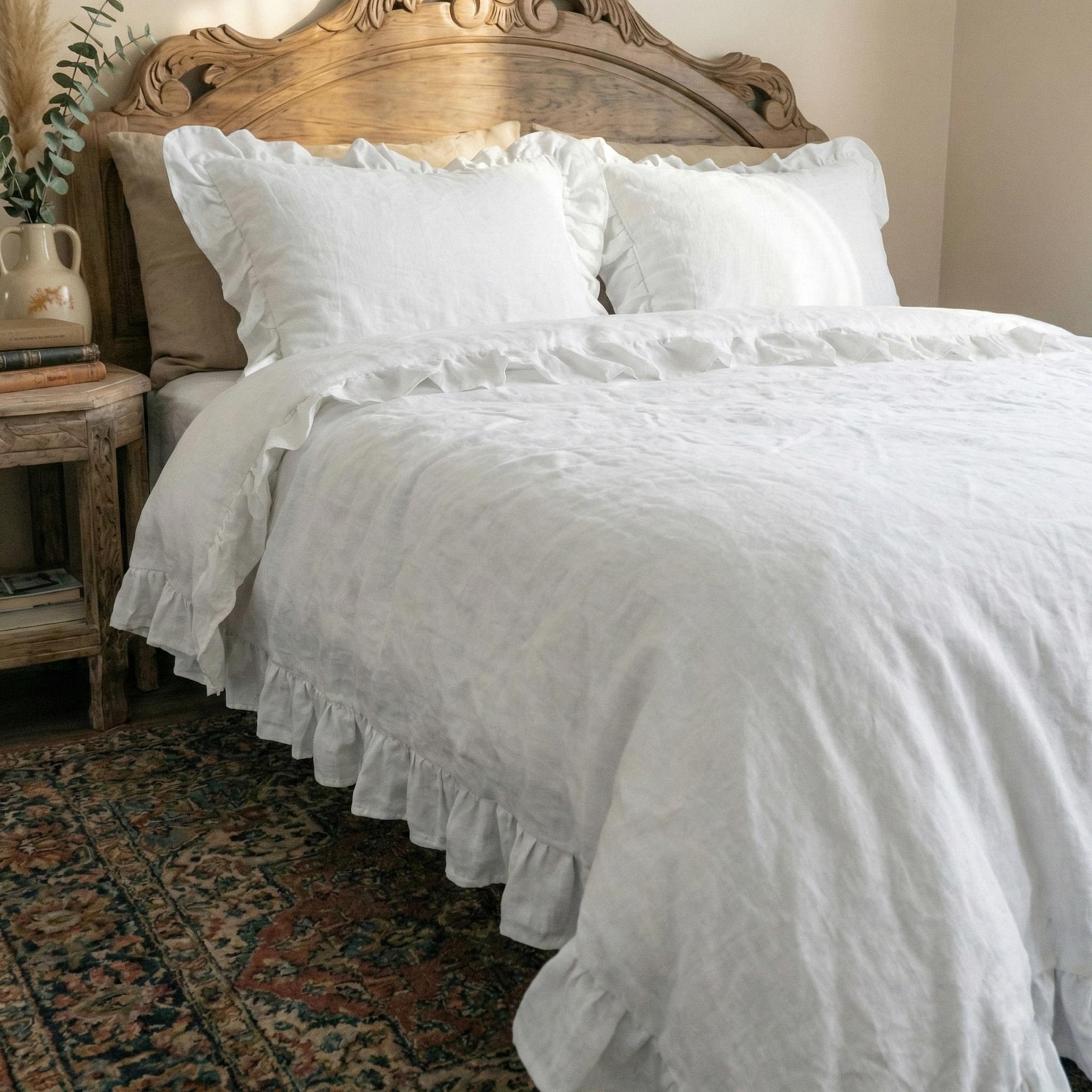 White Ruffle Doona Full White Ruffled Linen Duvet Cover Set Ruffles Comforter Cover Donna ...