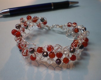 Carnelian and Quartz and Pearl Sterling Silver crocheted wire beaded bracelet.