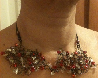 Crocheted Collar Necklace, with clear crystals and red beads