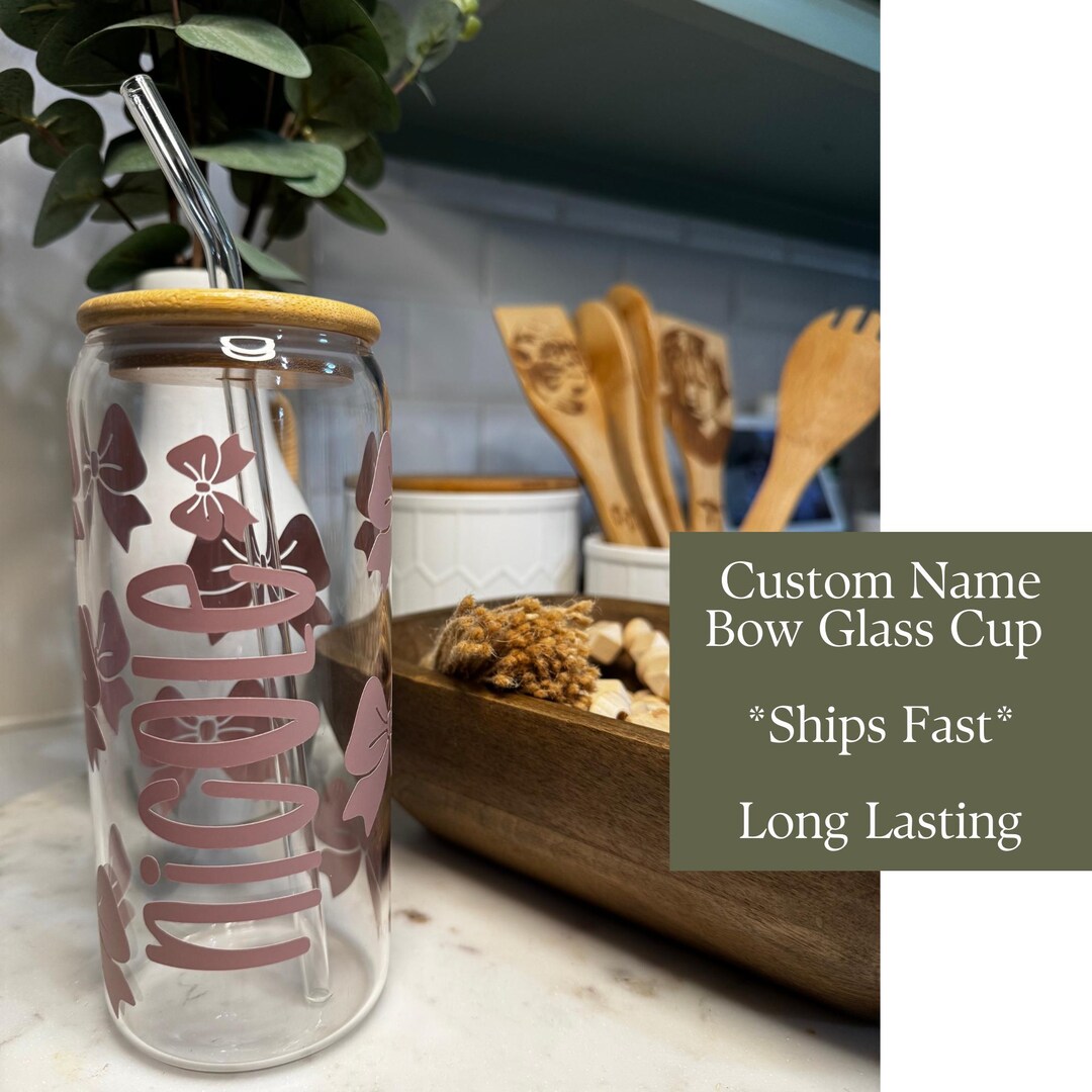 Personalized Bow Glass Cup | Bamboo Lid & Glass Straw - Etsy