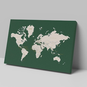 Mapa del mundo: arte mural en verde bosque y beige, imprimible en alta resolución