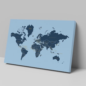 Moderne minimalistische Weltkarte - Wandkunst in Himmelblau und tiefem Marineblau, hochauflösende Drucke (JPG & PDF)