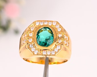 14k massief gouden Emerald herenring, cadeau voor hem, geboortesteen mei, geboortesteenring, groene stenen ring, gouden ring mannen, gouden zegelring