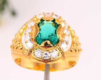 14k massief gouden Emerald herenring, cadeau voor hem, geboortesteen mei, geboortesteenring, groene stenen ring, gouden ring mannen, gouden zegelring