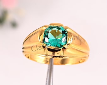 14k massief gouden Emerald herenring, cadeau voor hem, geboortesteen mei, geboortesteenring, groene stenen ring, gouden ring mannen, gouden zegelring