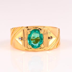 14K Solid Yellow Gold Emerald Men&#39;s Ring, May Birthstone Gift, Natural Emerald Solitaire, Vintage Style Engagement Ring for Him