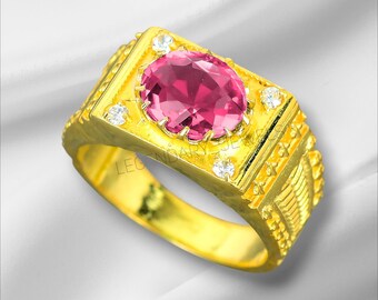 Anello con rubino naturale, anello in oro giallo massiccio 14 carati, anello in oro con pietra preziosa rubino, anello fatto a mano, anello da uomo per fidanzamento e anniversario