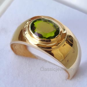 14K Solid Gold Men&#39;s Peridot Ring, August Birthstone Ring, Green Peridot Gold Band, Handmade Gift for Him, Vintage Style Men&#39;s Jewelry