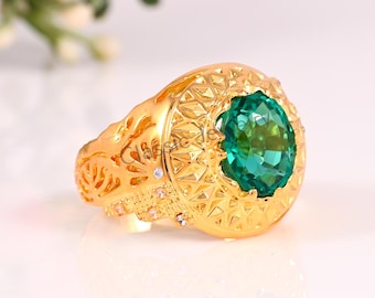 14k massief gouden Emerald herenring, cadeau voor hem, geboortesteen mei, geboortesteenring, groene stenen ring, gouden ring mannen, gouden zegelring