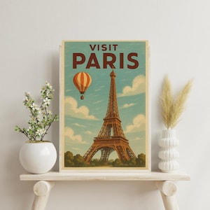 Vintage Paris Travel Poster • Eiffel Tower & Hot Air Balloon • Animated Retro Postcard • 1950s Wall Art • Digital Download