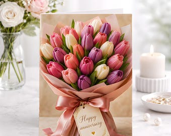 Anniversary Tulip Bouquet Greeting Card, Romantic Floral Design Elegant Pink Purple, Gift For Anniversary