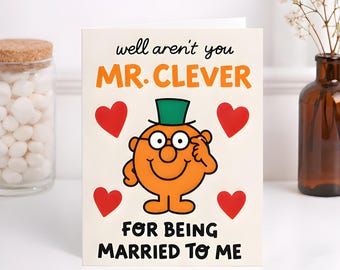 Funny Husband Anniversary Card, Marriage Humor Romantic Love Hearts Cartoon Character Gift Card