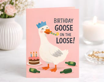Goose Birthday Card, Pink Bird Party Greeting, Birthday Gift For Animal Lover Friend Humour