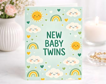 Twin Arrival Congratulations Card, Rainbow Cloud Baby Shower Keepsake, Twins Pregnancy Announcement Card Gift