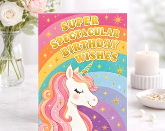 Unicorn Rainbow Birthday Card For Girls Kids, Magical Party Card Colorful Fantasy, Gift