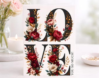 Floral Love Greeting Card, Romantic Rose Peony Gold Botanical, Anniversary Valentine Wedding Card, Elegant