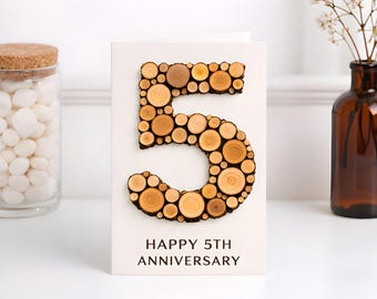 5th Wood Anniversary Card, Fifth Year Celebration, Wooden Number Five Greeting, Husband Wife Anniversary