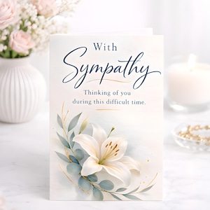 May include: A sympathy card with the words "With Sympathy" in elegant script. The card features a watercolour illustration of a white lily and green leaves. Text reads "Thinking of you during this difficult time."