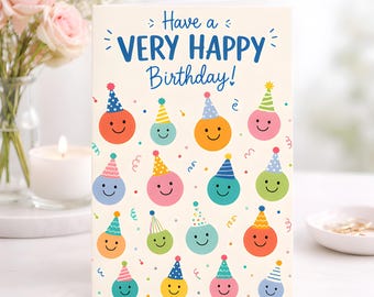 Happy Birthday Card Colorful Party Hats Smiley Faces Celebration Card, Kids Fun Greeting, Gift