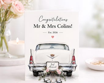 Personalized Wedding Card, Vintage Just Married Car, Floral Congratulations Keepsake, Anniversary Engagement Wedding Gift