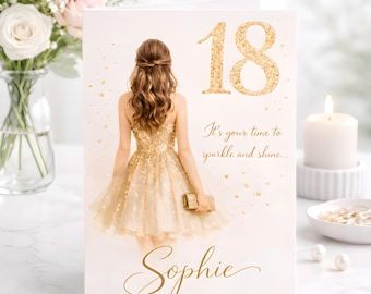 Tarjeta de cumpleaños número 18 para niña, tarjeta elegante personalizada con vestido dorado y purpurina, recuerdo para hija o hermana.