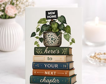 New Home Card, Housewarming Gift Book Stack Plant Design, Real Estate Congratulations Card Greeting
