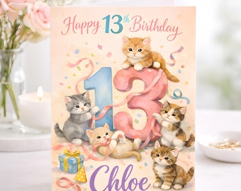 Tarjeta de cumpleaños personalizada con diseño de gatito para niña/adolescente de 13 años. Ilustración de fiesta con gatos. Regalo ideal para fiestas.