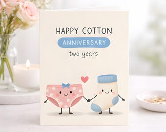 Cotton Anniversary Card, Two Year Milestone, Funny Couple Greeting, Underwear Sock Partner Love Card