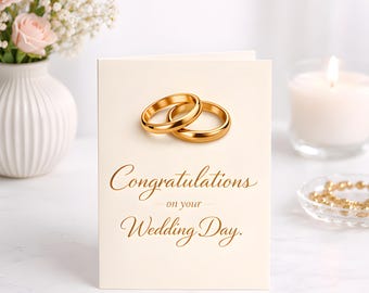 Wedding Congratulations Card, Gold Rings Wedding Greeting, Elegant Bride Groom Marriage Celebration Keepsake Gift