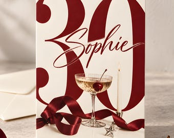 Personalised 30th Birthday Card, Custom Name & Age, Burgundy Cocktail Card for Her