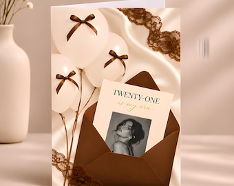 Personalised 21st Birthday Greeting Card with Your Photo, Cream Balloons and Brown Bows, Elegant Birthday Gift for Her