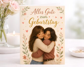 Sister Birthday Card, Floral Greeting, Siblings Hugging Watercolor, Keepsake Gift Family Illustration Design, Personalised