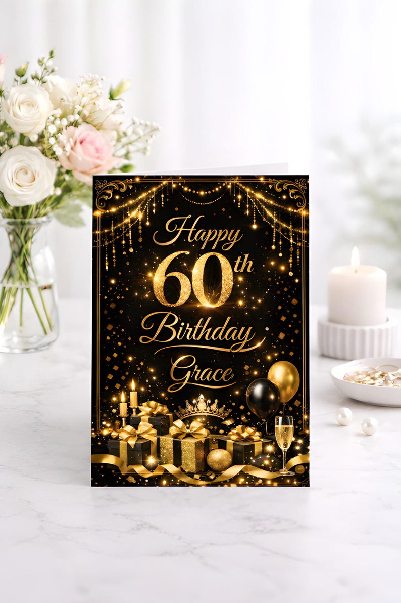 Personalised 60th Birthday Card for Her, Elegant Gold Black Milestone ...