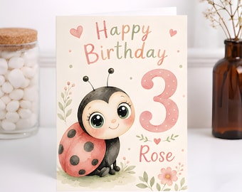 Personalized Ladybug Third Birthday Card, Floral Toddler Celebration, Keepsake Birthday Gift, Daughter Girl Design