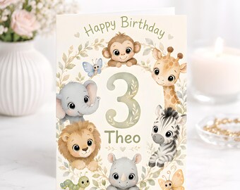 Personalised Safari Birthday Card, Jungle Animals Third Birthday, Watercolor Elephant Giraffe Lion Zebra Rhino