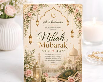 Islamic Wedding Greeting Card, Muslim Wedding Congratulations, Floral Mosque Lantern Rose Personalized Keepsake Gift
