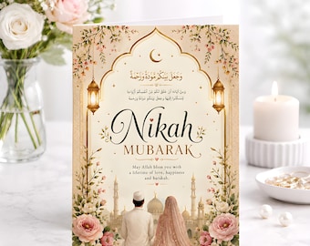 Islamic Wedding Greeting Card, Floral Mosque Couple, Personalised Arabic Keepsake, Wedding Gift Anniversary Blessing