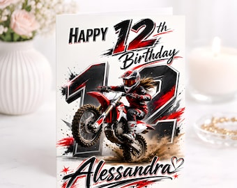 Personalised Motocross Birthday Card, Dirt Bike Birthday, Twelfth Party Gift, Girls Racing Theme Customized