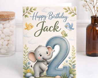 Elephant Second Birthday Card, Watercolor Animal Theme, Personalized Toddler Keepsake, Blue Elephant Party Decor