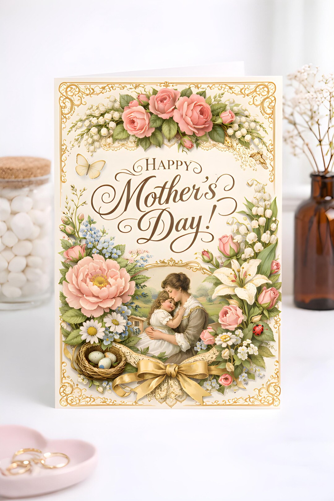 Mother’s Day Card for Mom – Vintage Floral Mother & Child Illustration ...