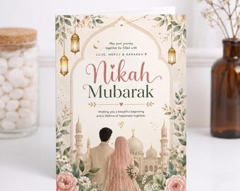 Islamic Wedding Greeting Card, Muslim Marriage Congratulations, Floral Mosque Couple, Keepsake Gift Wedding Present