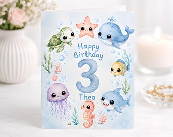 Personalised Ocean Animals Third Birthday Card, Turtle Whale, Starfish Shark Seahorse Jellyfish, Birthday Keepsake