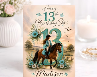Personalised 13th Birthday Sister Card, Horse Riding Design, Floral Equestrian Keepsake, Personalised Teen Gift