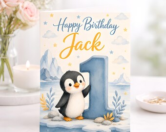 Personalised Penguin First Birthday Card, Boy Watercolor Blue, Arctic Keepsake Personalized, Toddler One Celebration