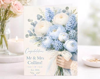 Blue Floral Wedding Card, Personalised Bridal Bouquet Congratulations, Peony Forget Me Not Keepsake Wedding