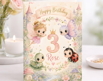 Personalised Fairy Birthday, Butterfly Garden Card, Third Birthday Keepsake, Ladybug Caterpillar Princess Theme Gift