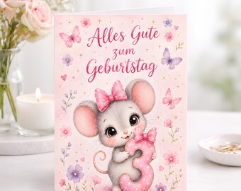 Personalised Third Birthday Mouse, Card Pink Floral, Butterfly Girl Birthday, Keepsake Gift Design Custom